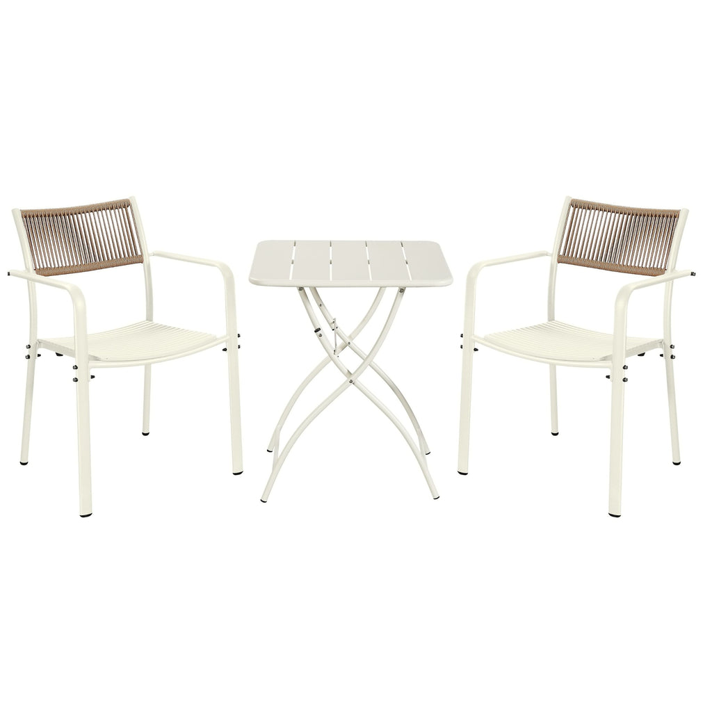 3 Piece Bistro Garden SET, Pair Of Rope Back Armcchairs & Square Metal Foldign Table, White (Self Assembly) (DHD) Image 1
