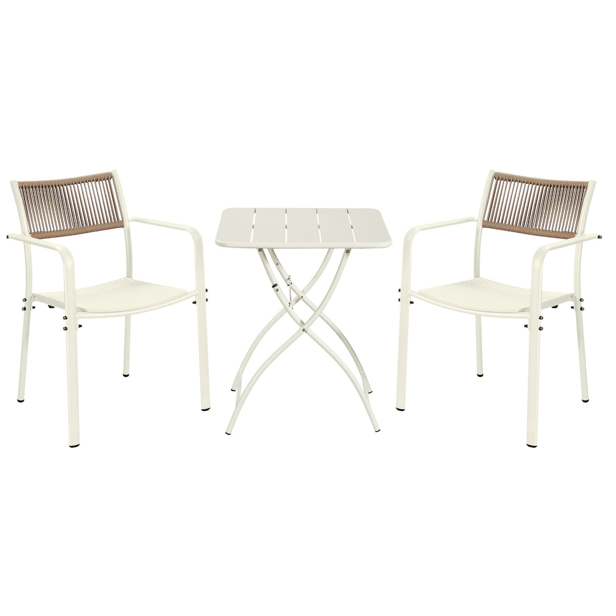 3 Piece Bistro Garden SET, Pair Of Rope Back Armcchairs & Square Metal Foldign Table, White (Self Assembly) (DHD) Image 1