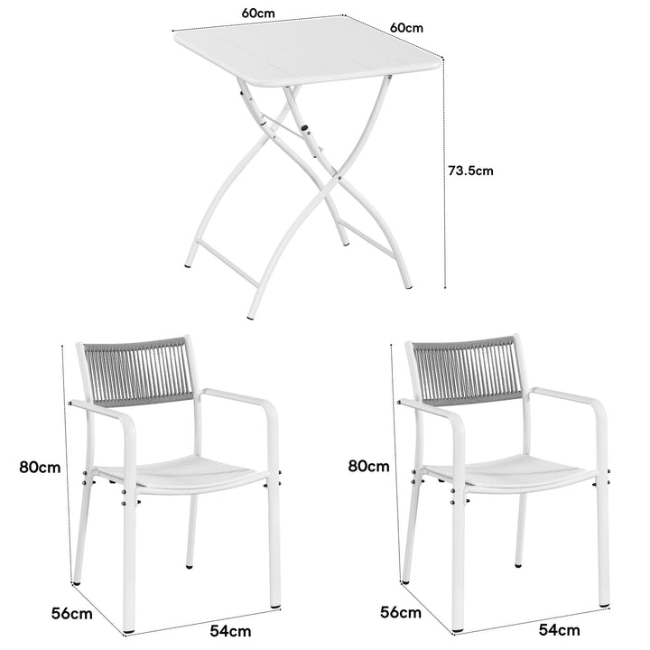 3 Piece Bistro Garden SET, Pair Of Rope Back Armcchairs & Square Metal Foldign Table, White (Self Assembly) (DHD) Image 2