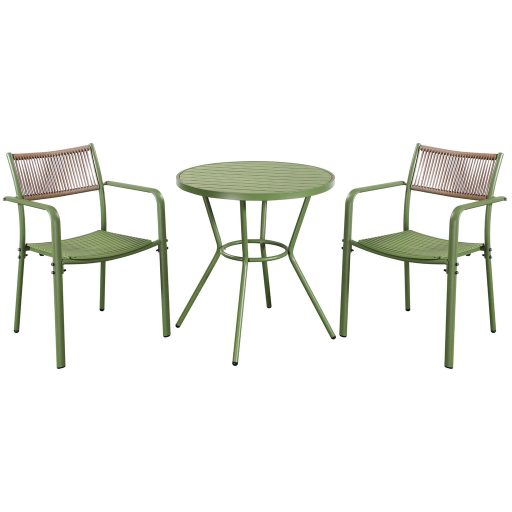 3 Piece Bistro Garden SET, Pair Of Rope Back Armchairs & Round Plastic Table, Moss Green (Self Assembly) (DHD) Image 1