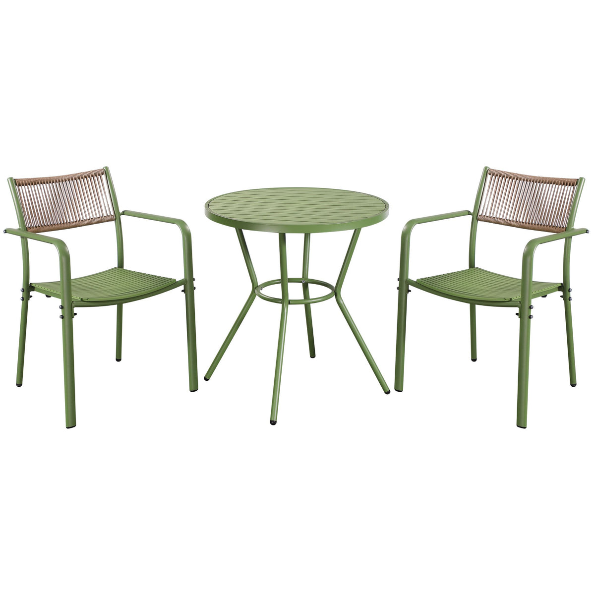 3 Piece Bistro Garden SET, Pair Of Rope Back Armchairs & Round Plastic Table, Moss Green (Self Assembly) (DHD) Image 1