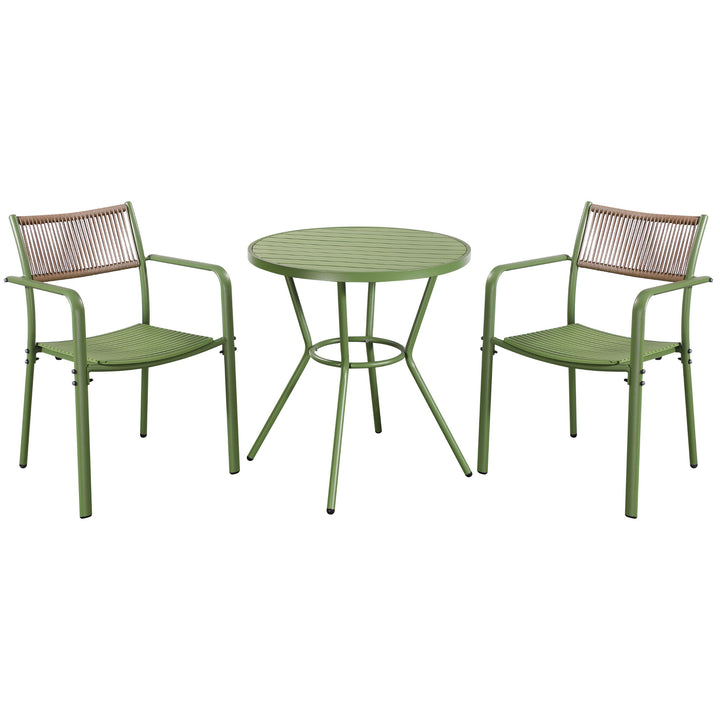 3 Piece Bistro Garden SET, Pair Of Rope Back Armchairs & Round Plastic Table, Moss Green (Self Assembly) (DHD) Image 1