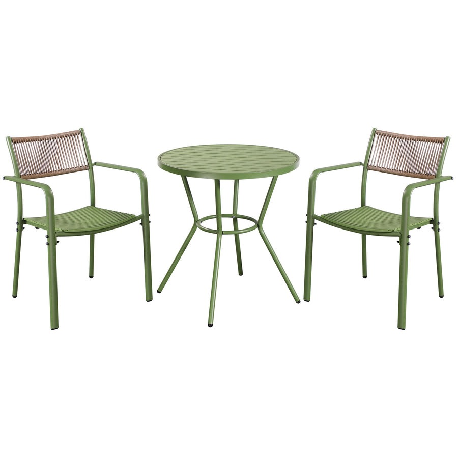 3 Piece Bistro Garden SET, Pair Of Rope Back Armchairs & Round Plastic Table, Moss Green (Self Assembly) (DHD) Image 1