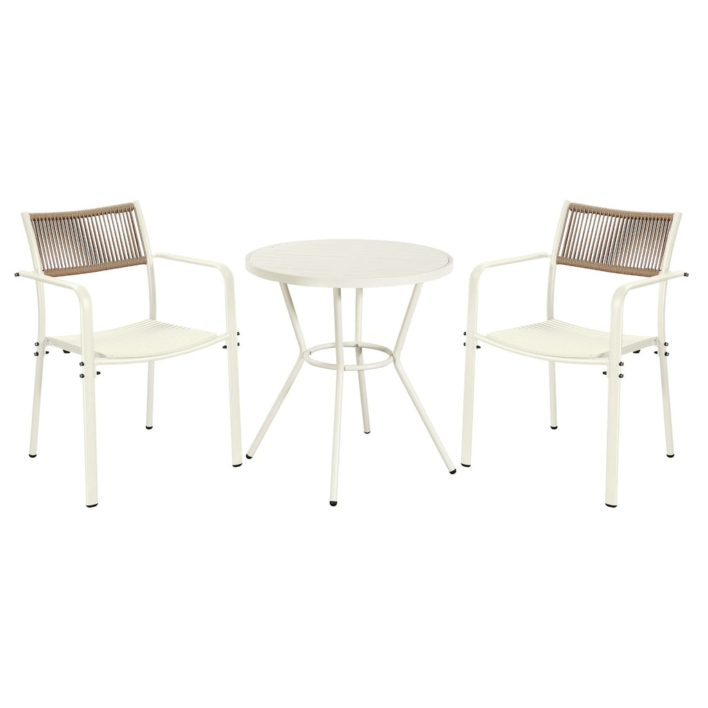 3 Piece Bistro Garden SET, Pair Of Rope Back Armchairs & Round Plastic Table, White (Self Assembly) (DHD) Image 1