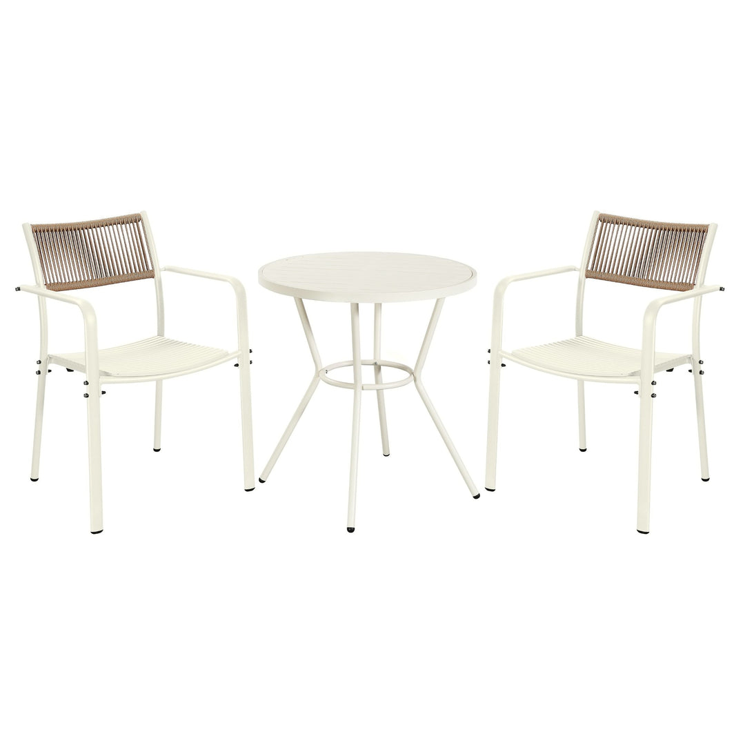 3 Piece Bistro Garden SET, Pair Of Rope Back Armchairs & Round Plastic Table, White (Self Assembly) (DHD) Image 1