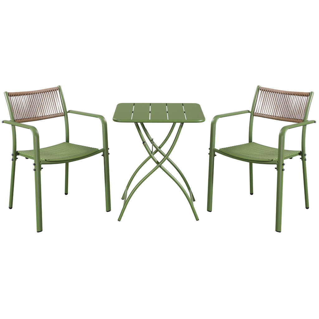 3 Piece Bistro Garden SET, Pair Of Rope Back Armchairs & Square Metal Folding Table, Moss Green (Self Assembly) (DHD) Image 1