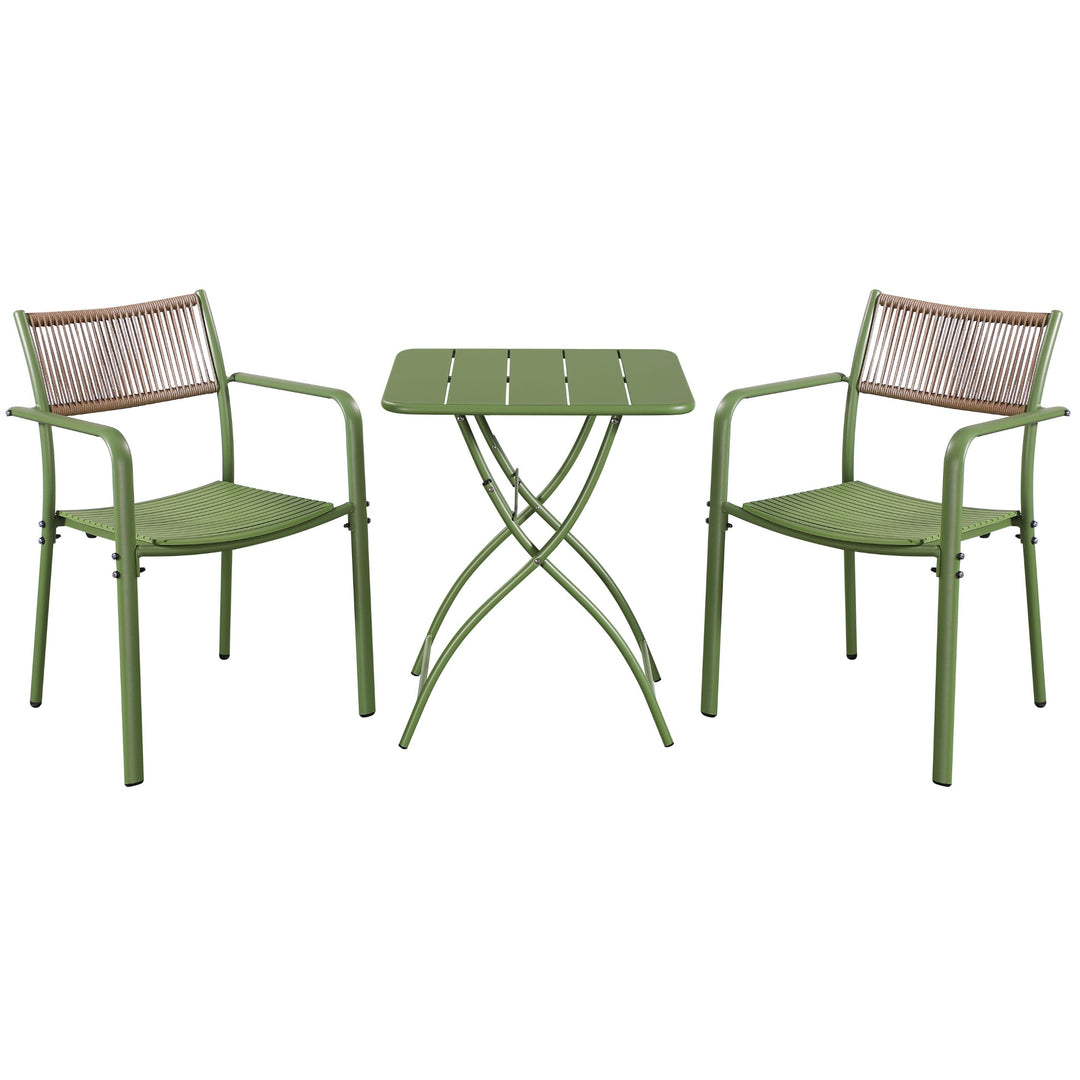 3 Piece Bistro Garden SET, Pair Of Rope Back Armchairs & Square Metal Folding Table, Moss Green (Self Assembly) (DHD) Image 1