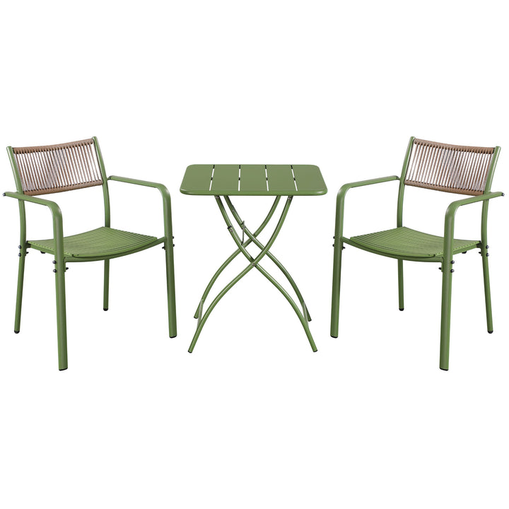 3 Piece Bistro Garden SET, Pair Of Rope Back Armchairs & Square Metal Folding Table, Moss Green (Self Assembly) (DHD) Image 1