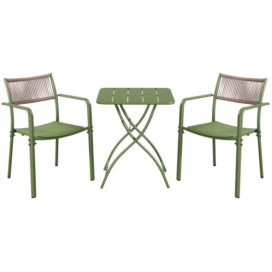 3 Piece Bistro Garden SET, Pair Of Rope Back Armchairs & Square Metal Folding Table, Moss Green (Self Assembly) (DHD) Image 1