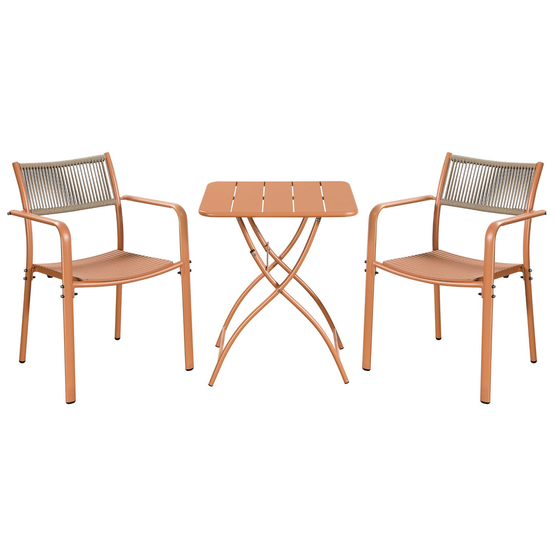 3 Piece Bistro Garden SET, Pair Of Rope Back Armchairs & Square Metal Folding Table, Terracotta (Self Assembly) (DHD) Image 1