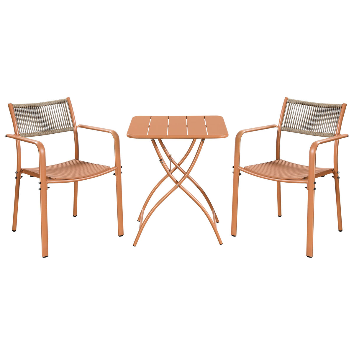 3 Piece Bistro Garden SET, Pair Of Rope Back Armchairs & Square Metal Folding Table, Terracotta (Self Assembly) (DHD) Image 1