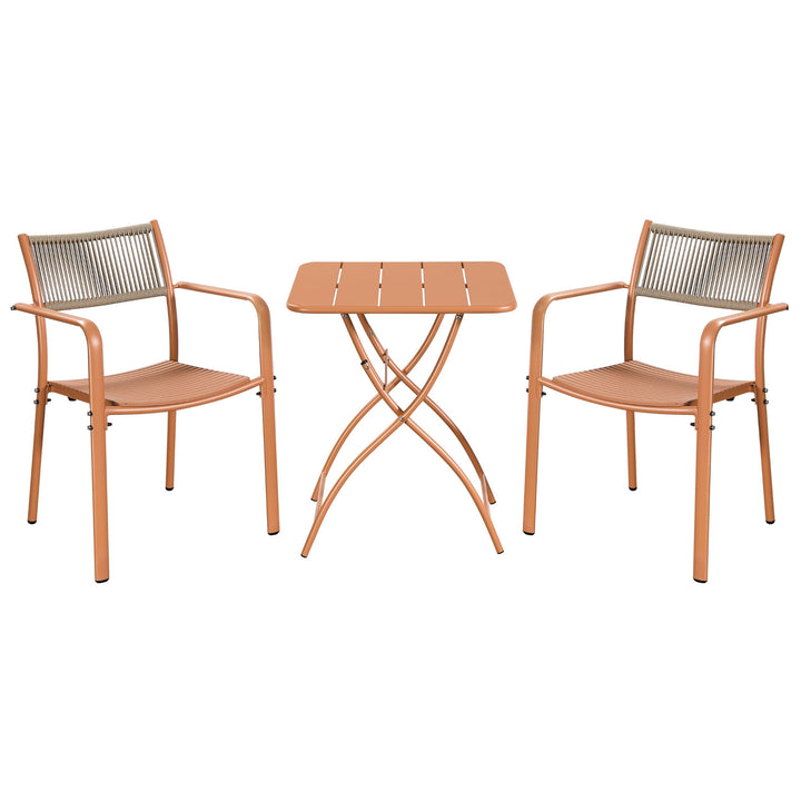 3 Piece Bistro Garden SET, Pair Of Rope Back Armchairs & Square Metal Folding Table, Terracotta (Self Assembly) (DHD) Image 1