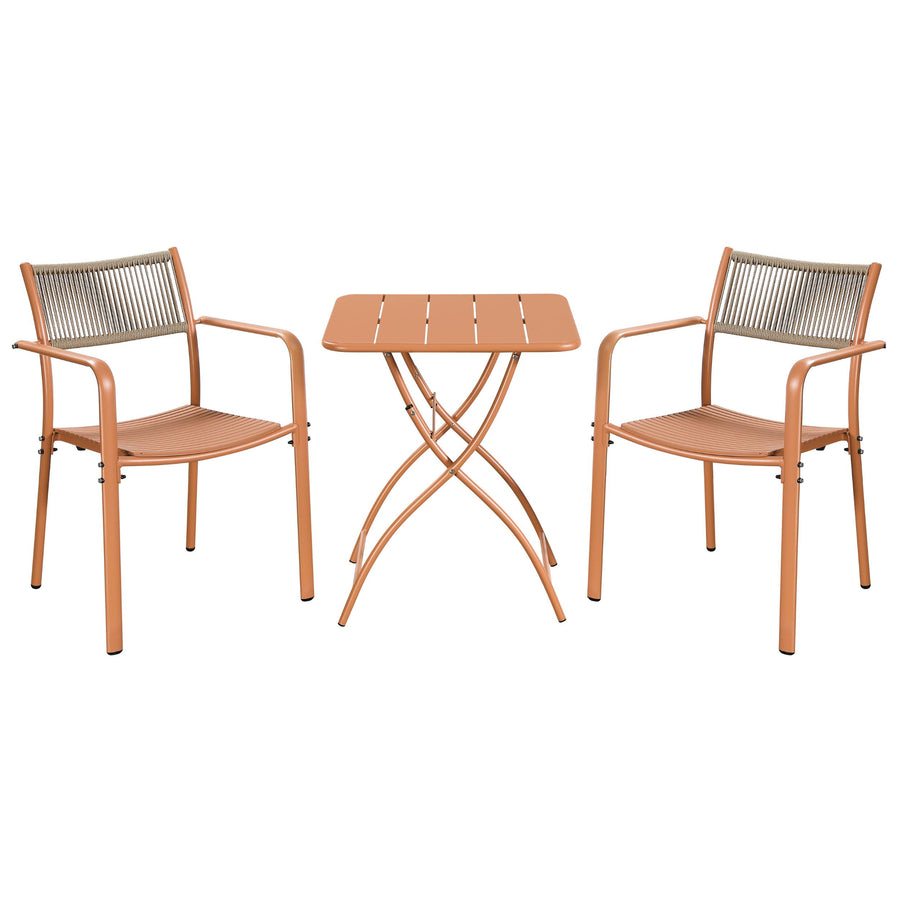 3 Piece Bistro Garden SET, Pair Of Rope Back Armchairs & Square Metal Folding Table, Terracotta (Self Assembly) (DHD) Image 1