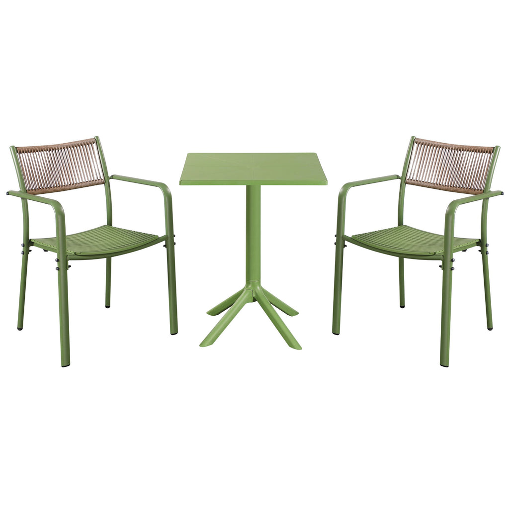3 Piece Bistro Garden SET, Pair Of Rope Back Armchairs & Square Plastic Table, Moss Green (Self Assembly) (DHD) Image 1