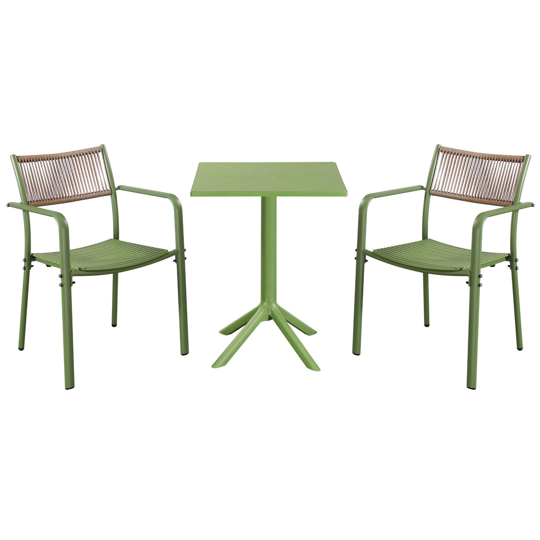 3 Piece Bistro Garden SET, Pair Of Rope Back Armchairs & Square Plastic Table, Moss Green (Self Assembly) (DHD) Image 1