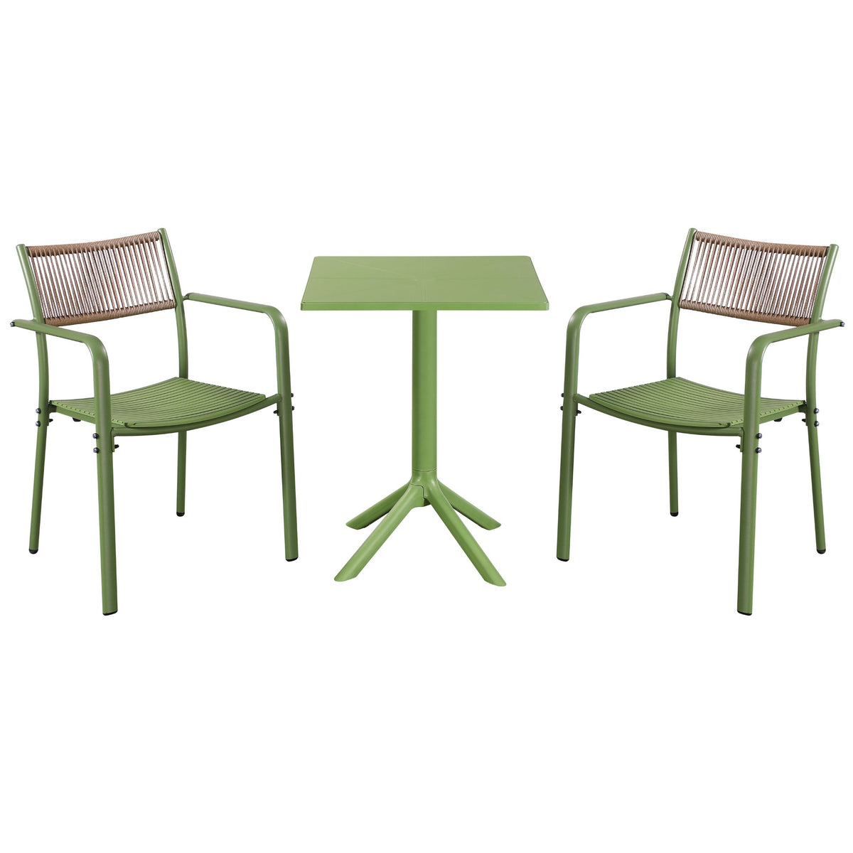 3 Piece Bistro Garden SET, Pair Of Rope Back Armchairs & Square Plastic Table, Moss Green (Self Assembly) (DHD) Image 1