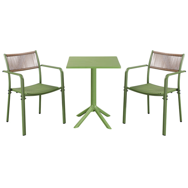 3 Piece Bistro Garden SET, Pair Of Rope Back Armchairs & Square Plastic Table, Moss Green (Self Assembly) (DHD) Image 1