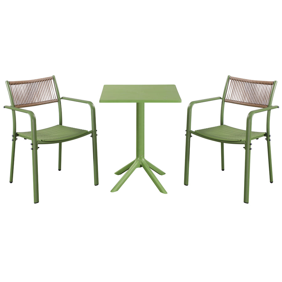 3 Piece Bistro Garden SET, Pair Of Rope Back Armchairs & Square Plastic Table, Moss Green (Self Assembly) (DHD) Image 1