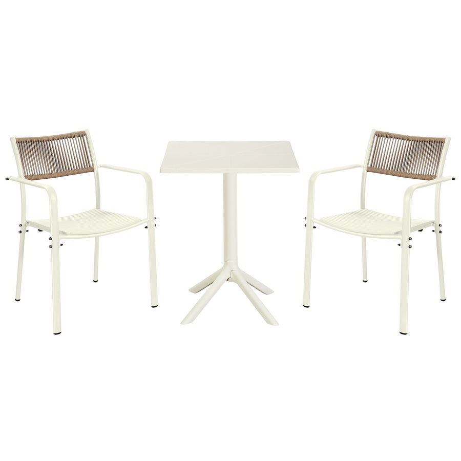 3 Piece Bistro Garden SET, Pair Of Rope Back Armchairs & Square Plastic Table, White (Self Assembly) (DHD) Image 1