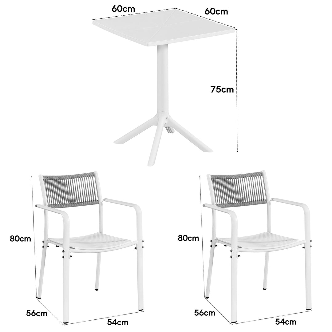 3 Piece Bistro Garden SET, Pair Of Rope Back Armchairs & Square Plastic Table, White (Self Assembly) (DHD) Image 2