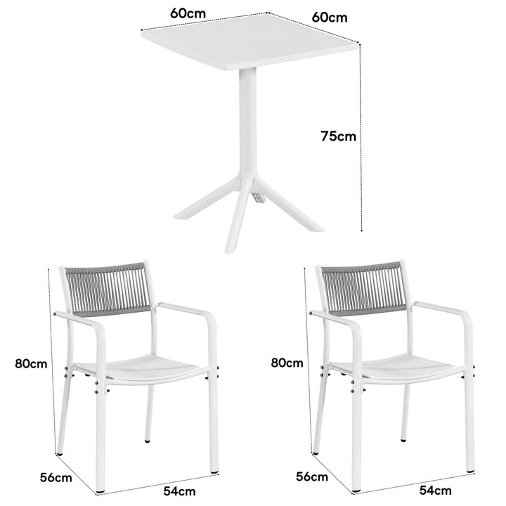 3 Piece Bistro Garden SET, Pair Of Rope Back Armchairs & Square Plastic Table, White (Self Assembly) (DHD) Image 2
