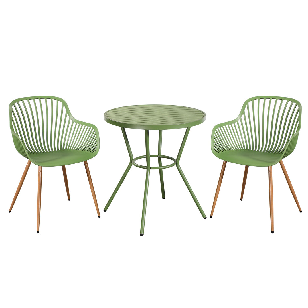 3 Piece Bistro Garden SET, Pair Of Sunray Armchairs & Round Plastic Table, Moss Green With Wood Effect Legs (Self Assembly) (DHD) Image 1