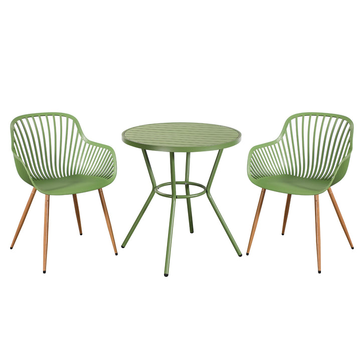 3 Piece Bistro Garden SET, Pair Of Sunray Armchairs & Round Plastic Table, Moss Green With Wood Effect Legs (Self Assembly) (DHD) Image 1