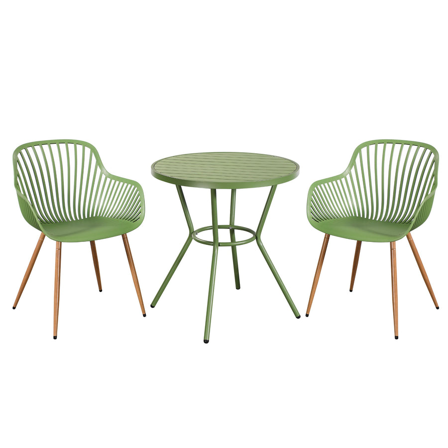 3 Piece Bistro Garden SET, Pair Of Sunray Armchairs & Round Plastic Table, Moss Green With Wood Effect Legs (Self Assembly) (DHD) Image 1