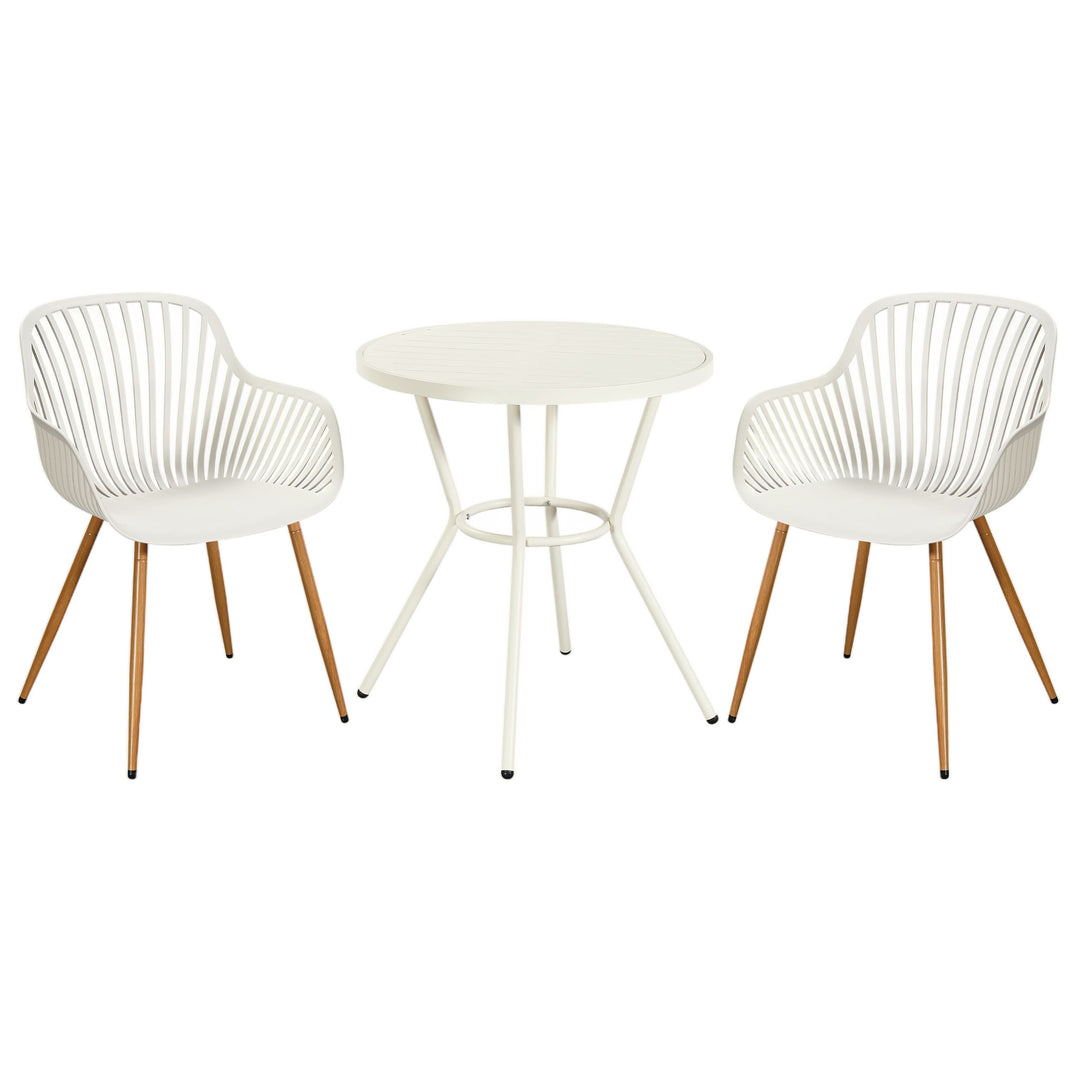 3 Piece Bistro Garden SET, Pair Of Sunray Armchairs & Round Plastic Table, White With Wood Effect Legs (Self Assembly) (DHD) Image 1