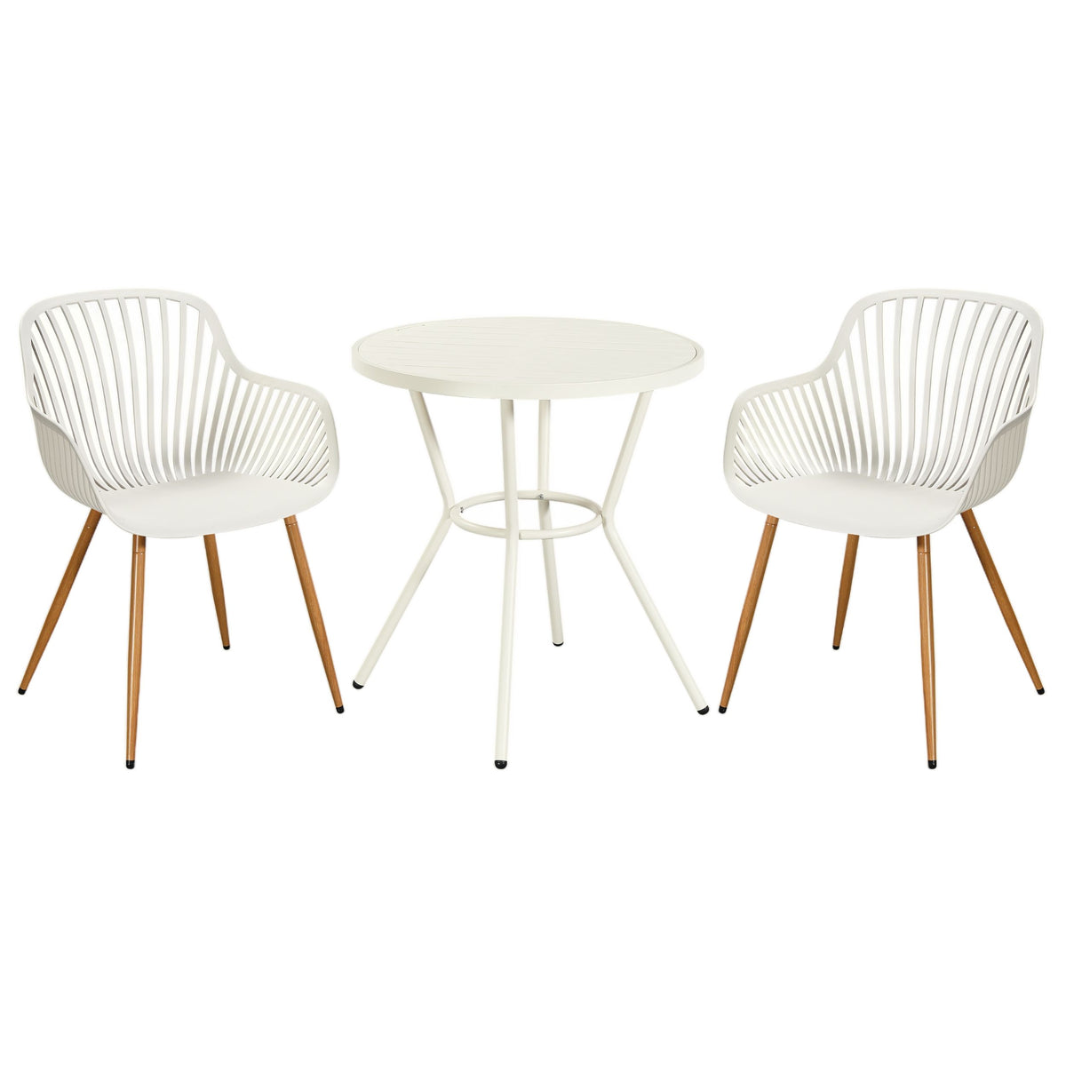 3 Piece Bistro Garden SET, Pair Of Sunray Armchairs & Round Plastic Table, White With Wood Effect Legs (Self Assembly) (DHD) Image 1