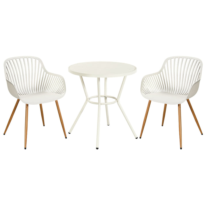 3 Piece Bistro Garden SET, Pair Of Sunray Armchairs & Round Plastic Table, White With Wood Effect Legs (Self Assembly) (DHD) Image 1