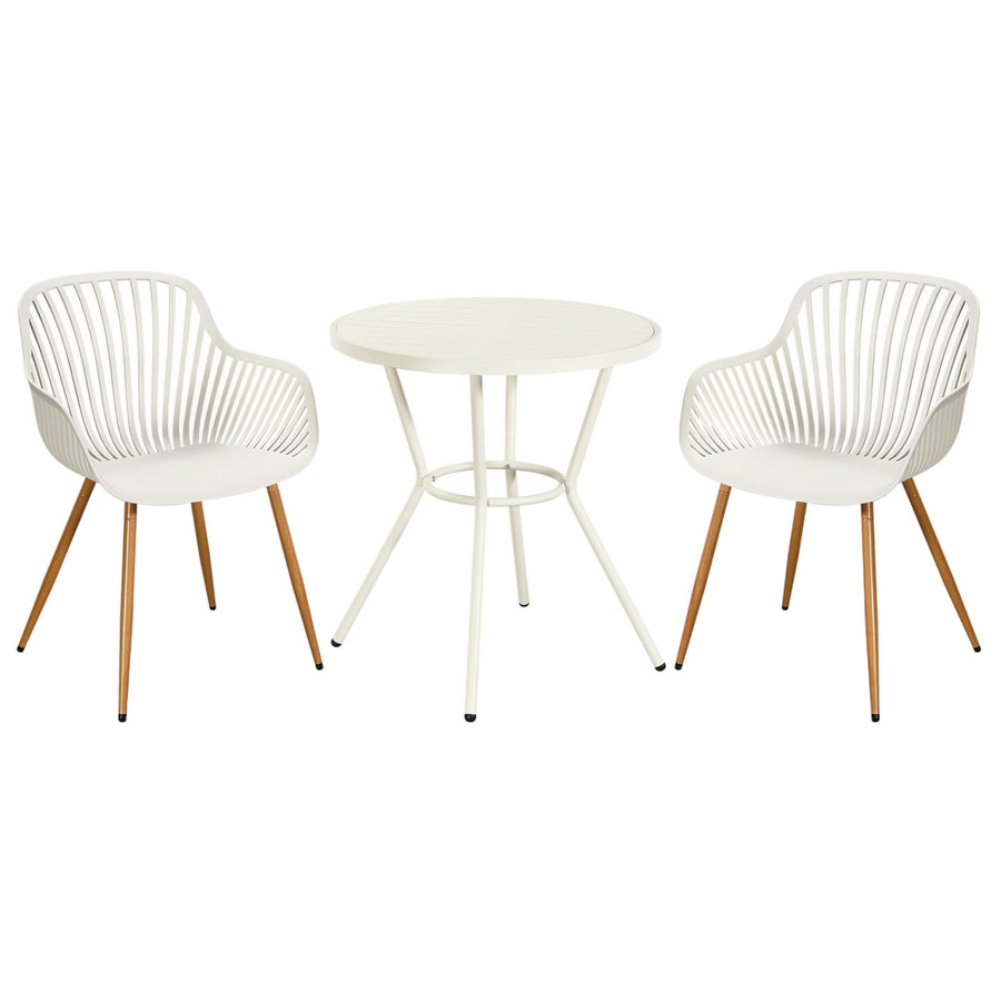 3 Piece Bistro Garden SET, Pair Of Sunray Armchairs & Round Plastic Table, White With Wood Effect Legs (Self Assembly) (DHD) Image 1