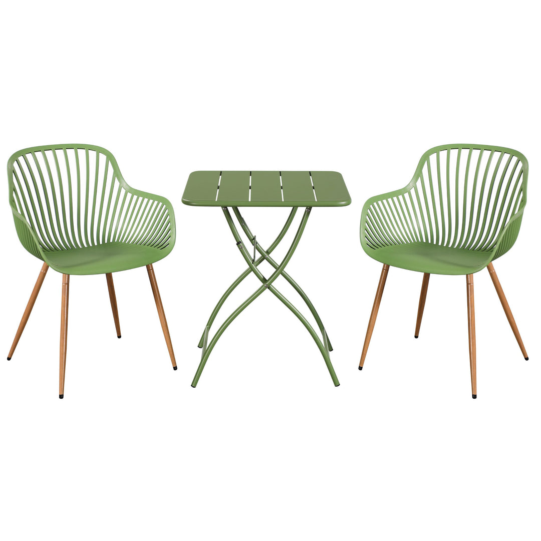 3 Piece Bistro Garden SET, Pair Of Sunray Armchairs & Square Metal Folding Table, Moss Green With Wood Effect Legs (Self Assembly) (DHD) Image 1