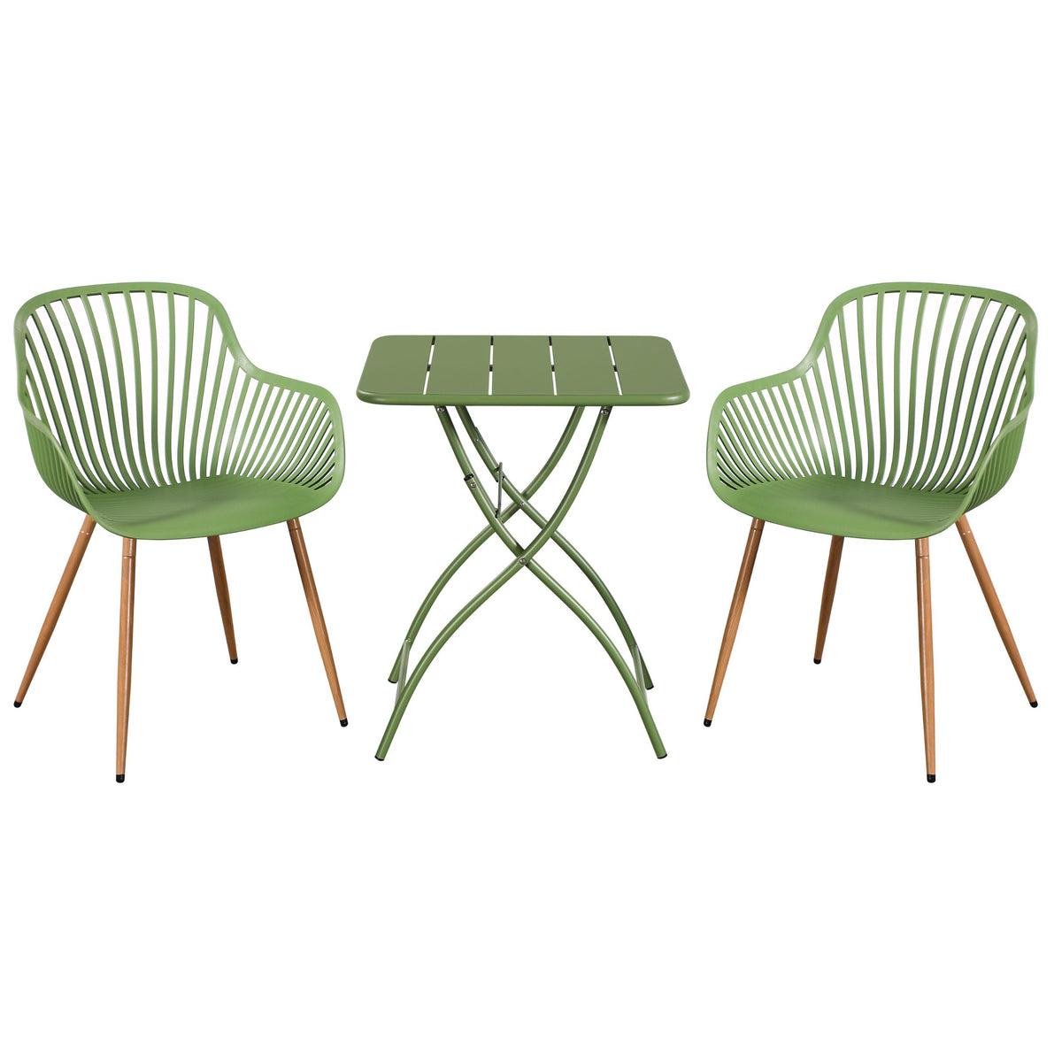 3 Piece Bistro Garden SET, Pair Of Sunray Armchairs & Square Metal Folding Table, Moss Green With Wood Effect Legs (Self Assembly) (DHD) Image 1