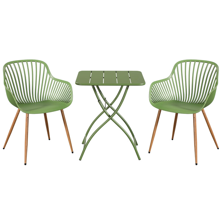 3 Piece Bistro Garden SET, Pair Of Sunray Armchairs & Square Metal Folding Table, Moss Green With Wood Effect Legs (Self Assembly) (DHD) Image 1