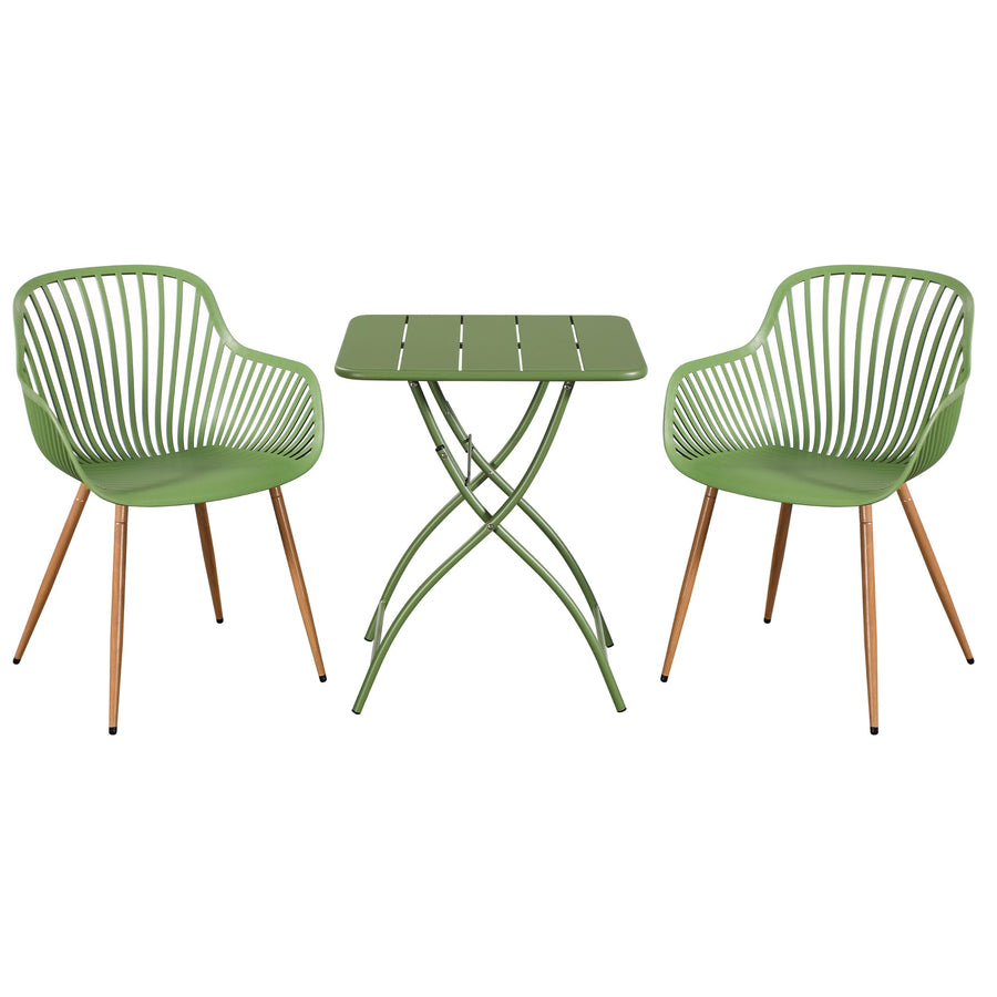 3 Piece Bistro Garden SET, Pair Of Sunray Armchairs & Square Metal Folding Table, Moss Green With Wood Effect Legs (Self Assembly) (DHD) Image 1