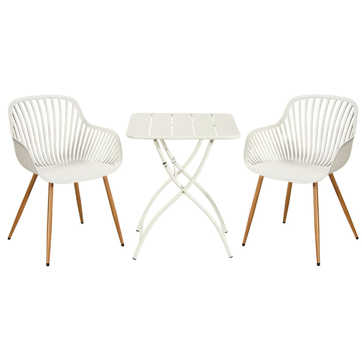 3 Piece Bistro Garden SET, Pair Of Sunray Armchairs & Square Metal Folding Table, White With Wood Effect Legs (Self Assembly) (DHD) Image 1