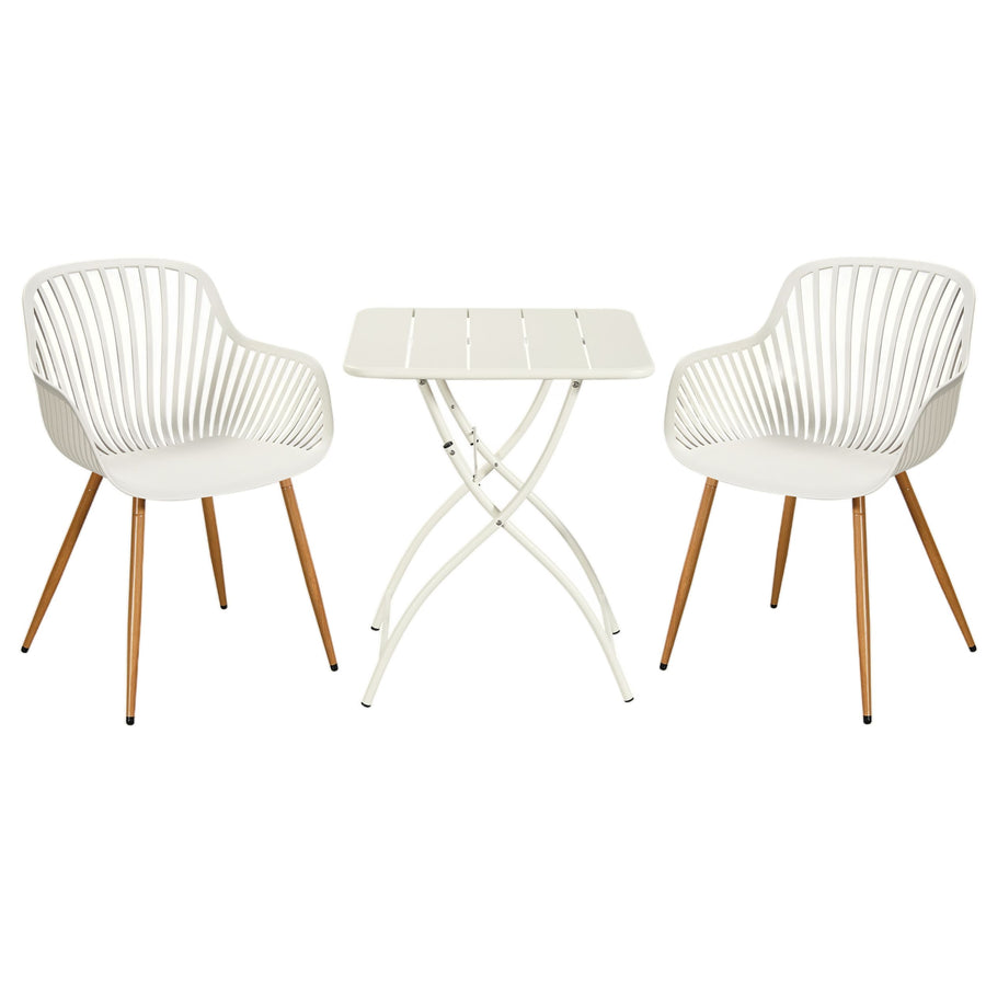 3 Piece Bistro Garden SET, Pair Of Sunray Armchairs & Square Metal Folding Table, White With Wood Effect Legs (Self Assembly) (DHD) Image 1