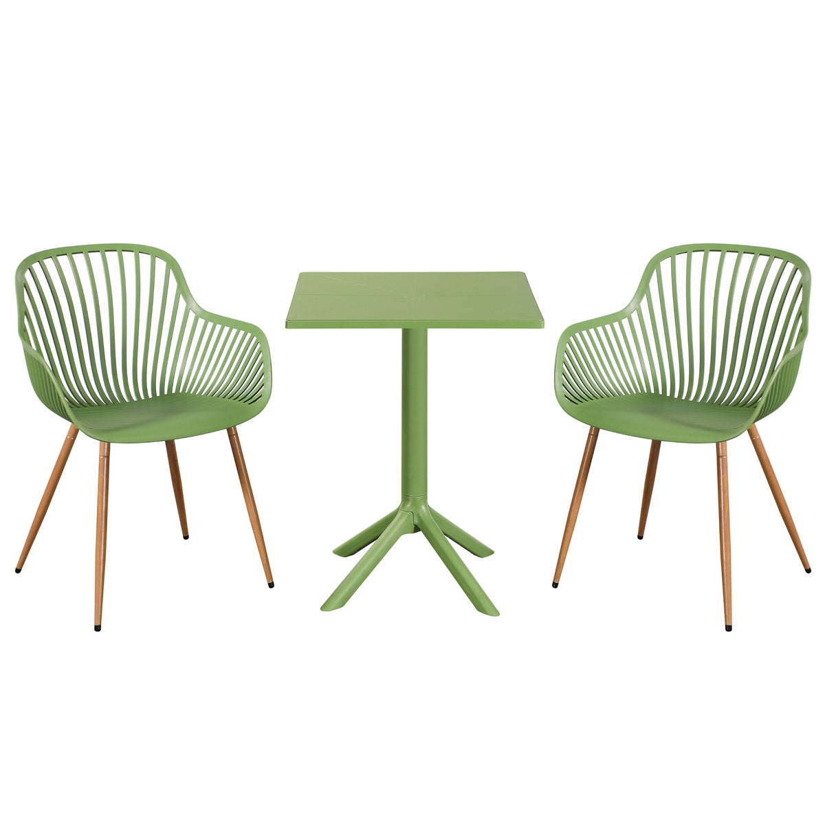 3 Piece Bistro Garden SET, Pair Of Sunray Armchairs & Square Plastic Table, Moss Green With Wood Effect Legs (Self Assembly) (DHD) Image 1