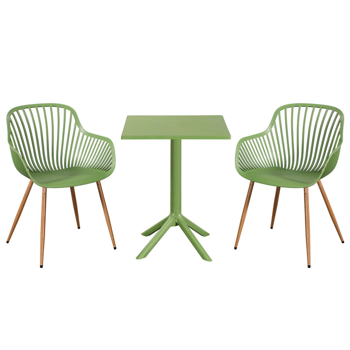 3 Piece Bistro Garden SET, Pair Of Sunray Armchairs & Square Plastic Table, Moss Green With Wood Effect Legs (Self Assembly) (DHD) Image 1