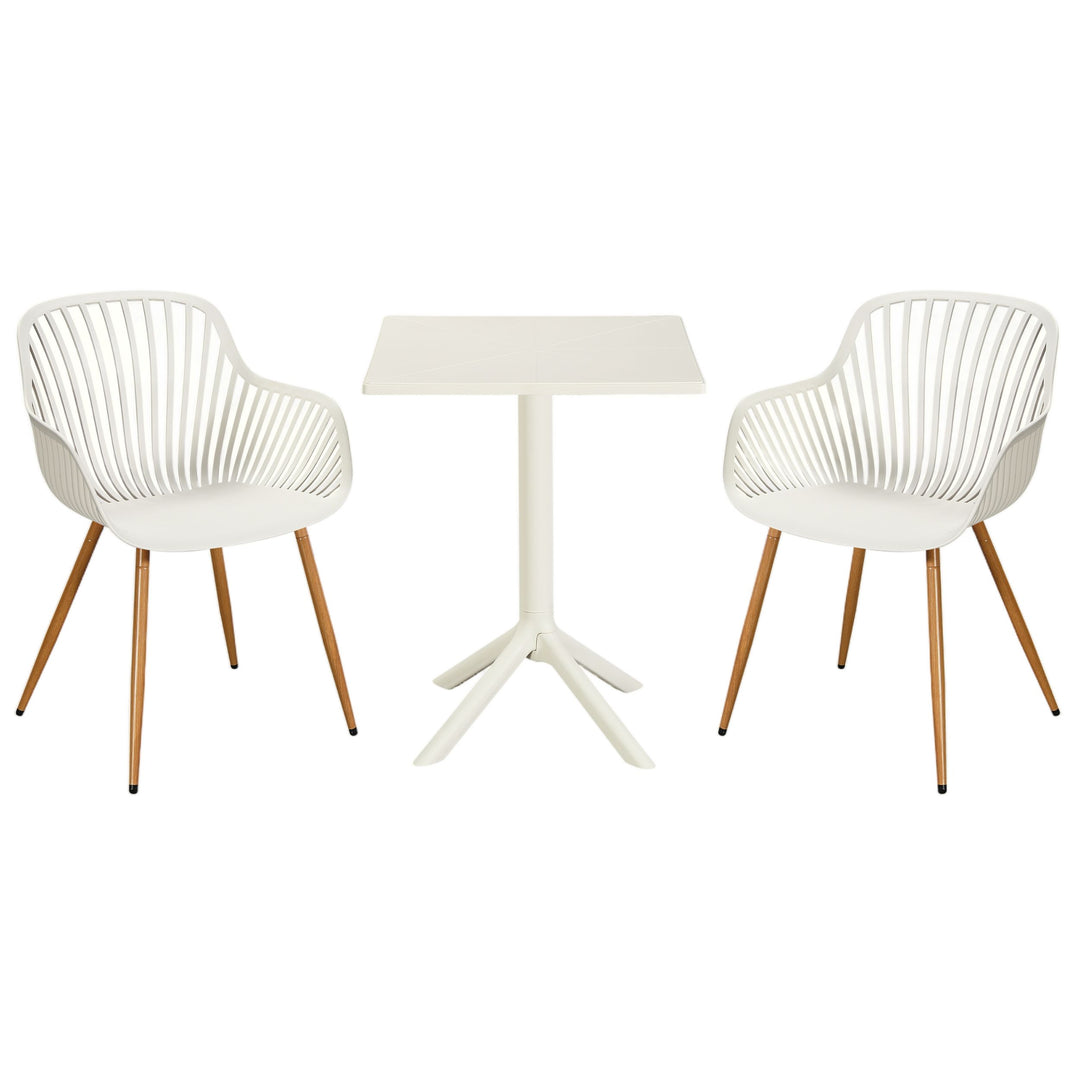 3 Piece Bistro Garden SET, Pair Of Sunray Armchairs & Square Plastic Table, White With Wood Effect Legs (Self Assembly) (DHD) Image 1
