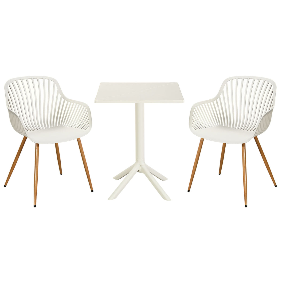 3 Piece Bistro Garden SET, Pair Of Sunray Armchairs & Square Plastic Table, White With Wood Effect Legs (Self Assembly) (DHD) Image 1