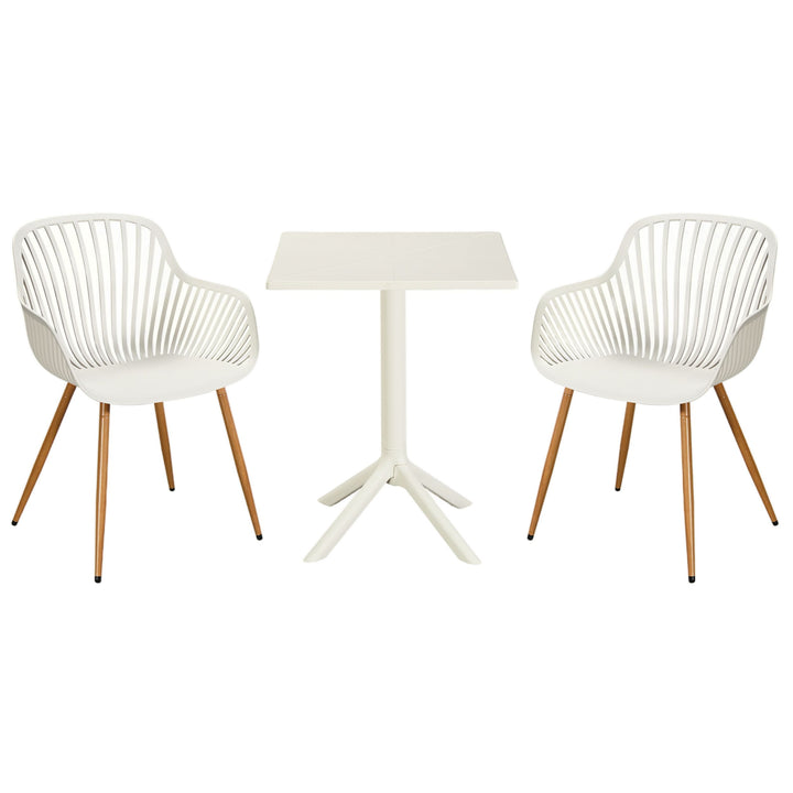 3 Piece Bistro Garden SET, Pair Of Sunray Armchairs & Square Plastic Table, White With Wood Effect Legs (Self Assembly) (DHD) Image 1