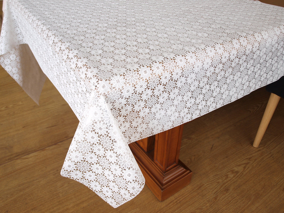 Wipeclean Vinyl Lace Table Cloth 140cm/54in By The Metre Alana White - 3070A