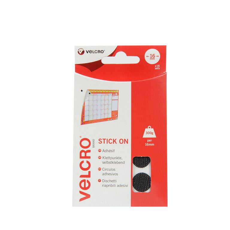 Hook & Loop Coins: Stick-On: 16mm: 16 Sets: Black