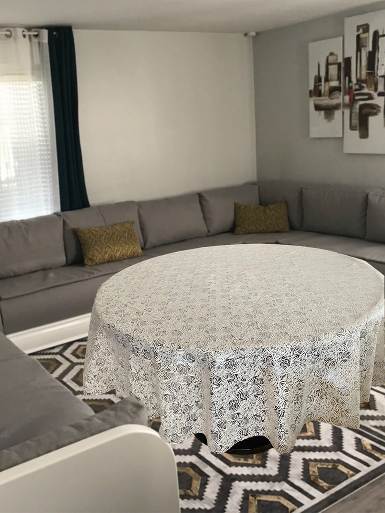 Wipeclean Vinyl Lace Table Cloth 140cm/54in By The Metre Loujy White - 4010E