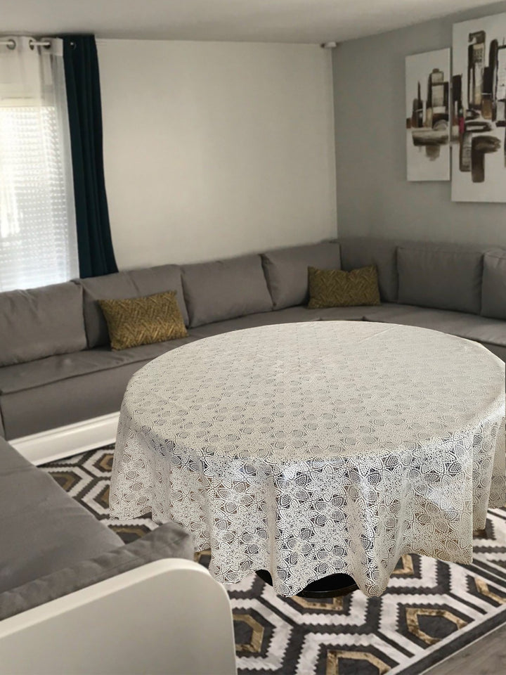 Wipeclean Vinyl Lace Table Cloth 140cm/54in By The Metre Loujy White - 4010E