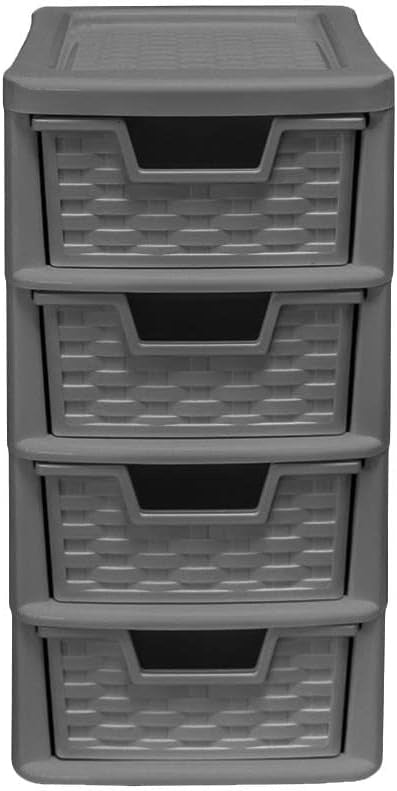 Plastic Rattan Handi 4 Drawer Storage Tower Shallow Drawers Grey