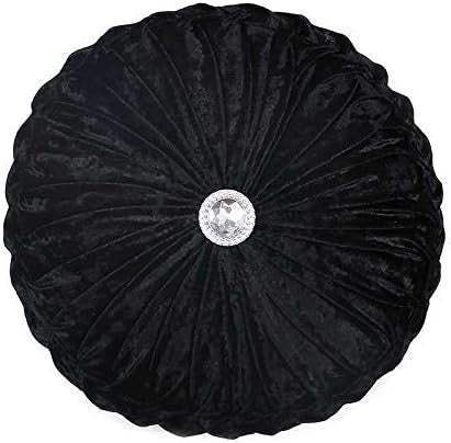 Velvet Round Cushion Cover Large Stitched with Diamond Black 35 x 35Cm