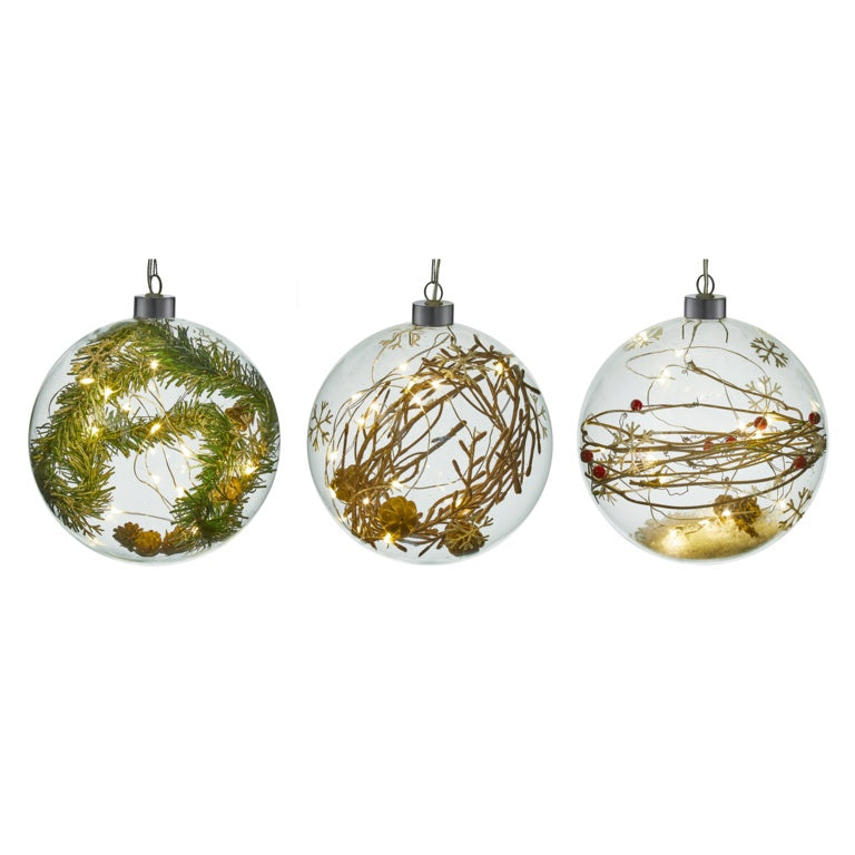 Premier 15cm Battery Operated LED Light Up Glass Bauble Hanging Decoration Rustic Filled Twigs/Berries
